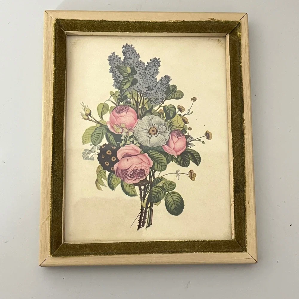Vintage Botanical Floral Print Wall Art Mini Pink Green Velvet Wood Frame Rose